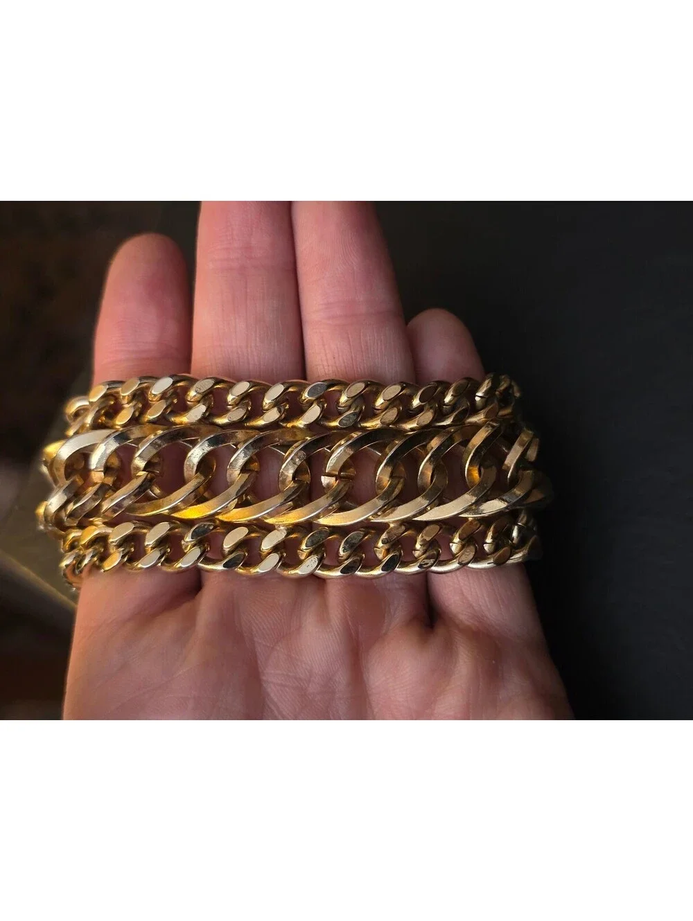 Vintage Chunky Gold Tone 3 Strand Cuban Curb Link Statement Bracelet